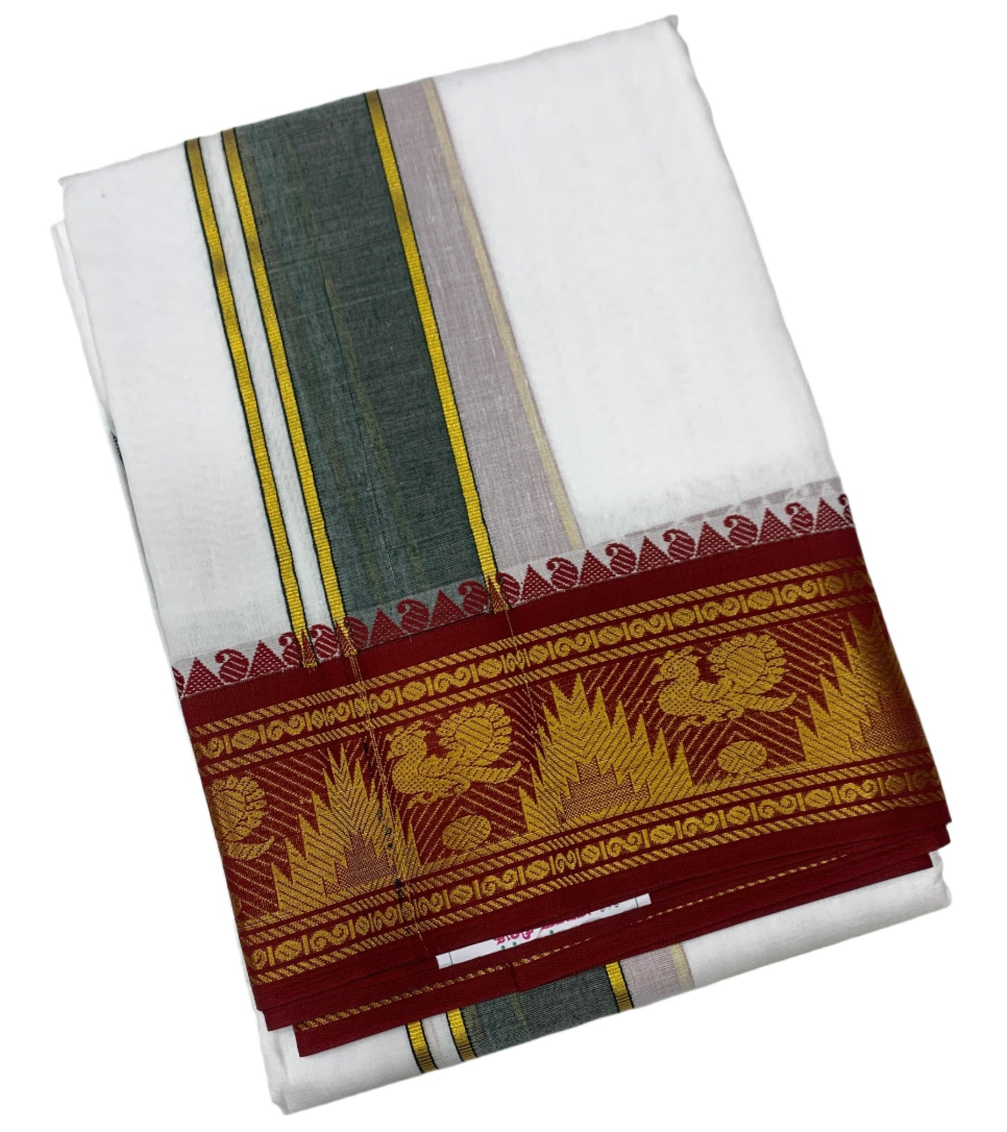 10X6 Cotton Dhoti White Colour with Large Maroon and Green Border