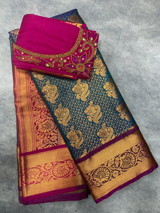 Bridal Vegan Silk Saree Peacock Blue shade with Purple Border with Unstitched blouse in Aari Work