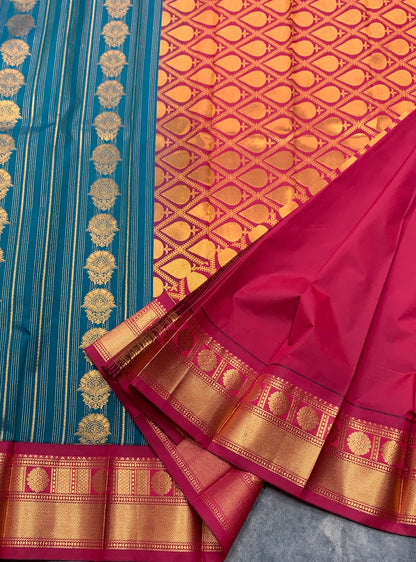 Vegan Silk Saree Peacock Blue Colour Saree with Dark Pink Colour Contrast Border