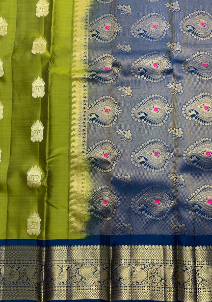Pure Kanchipuram Silk Saree Olive Green Colour with Navy Blue Colour Border