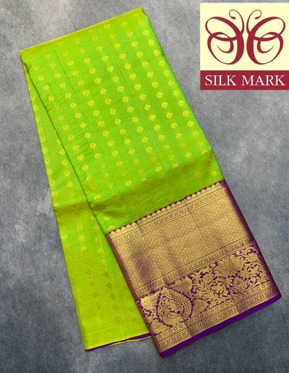 Parrot Green Shade Pure Kanchipuram Kids Pattu Pavadai with Contrast Border for Age Above 10 Years