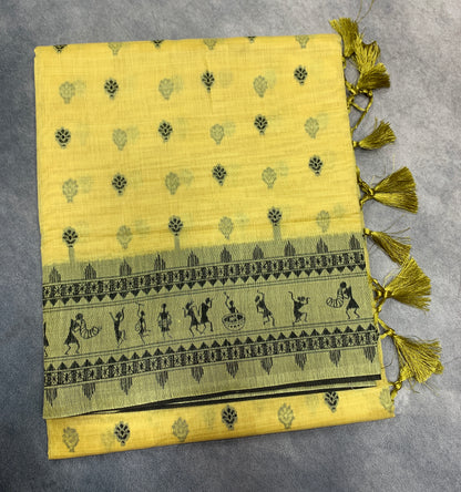 Banaras Katan Saree Yellow Colour with Katan Work Border