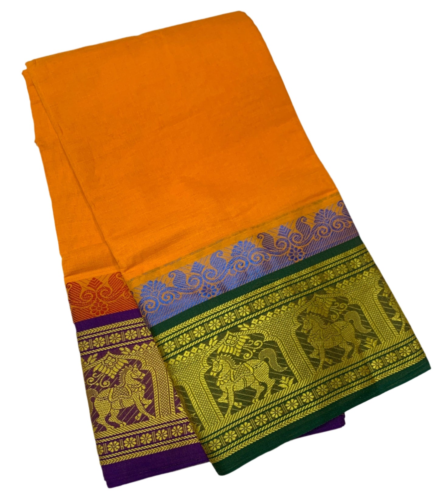 9X5 Cotton Dhoti Mango Yellow Colour with Green and Blue Border