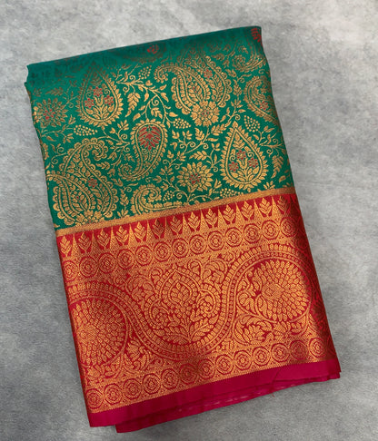 Vegan Silk Saree Green Colour with Pink Border