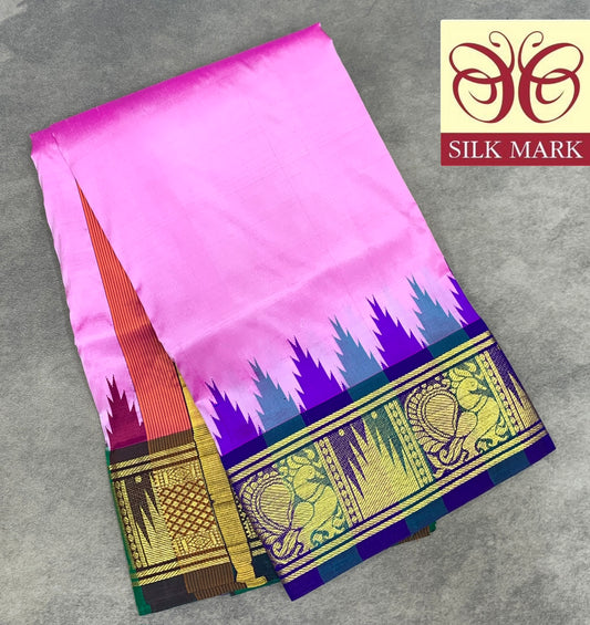 6 Mulam Silk Pooja Towel Baby Pink Colour with Ganga Jamuna Korvai Border