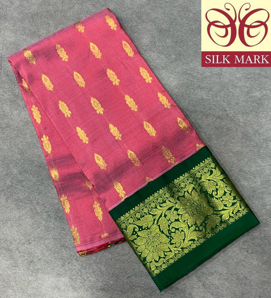 Rose Pink Shade Pure Kanchipuram Kids Pattu Pavadai with Contrast Border for Newborn to 2 Years