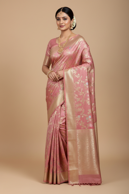Meenakari Banaras Tissue Silk Saree Light Rose Pink Colour