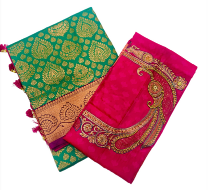 Bridal Vegan Silk Saree Green shade with Copper Border with Unstitched blouse in Aari work