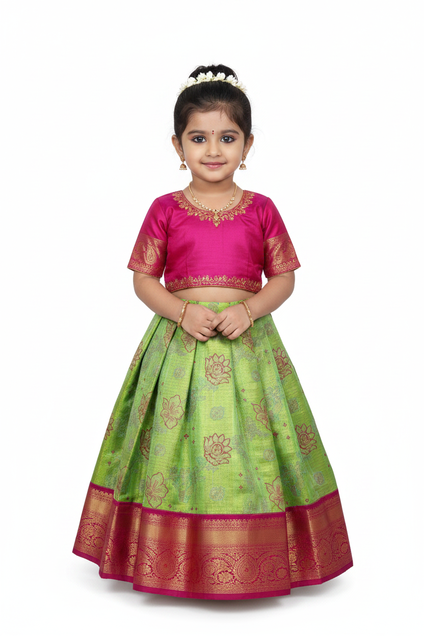 Neon Green Shade Vegan Silk Kids Pattu Pavadai with Contrast border for age 2 to 5