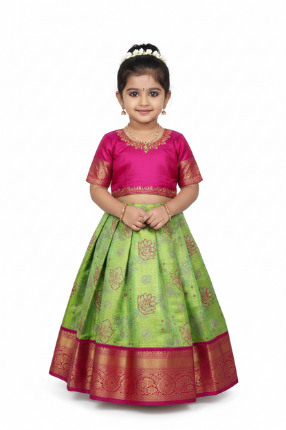 Neon Green Shade Vegan Silk Kids Pattu Pavadai with Contrast border for age 2 to 5