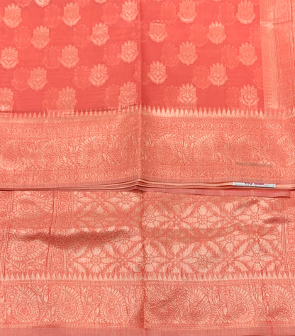 Banaras Katan Saree Tomato Pink Colour with Katan Work Border