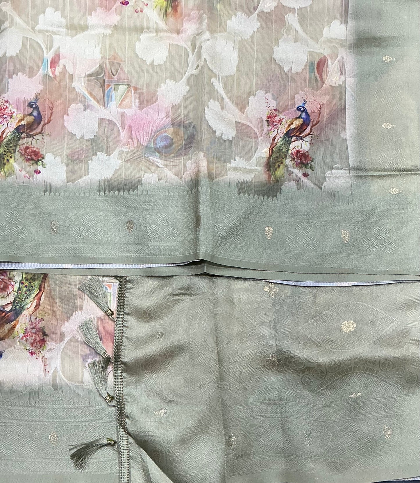 Digital Print Cotton Saree Army Green Colour with Floral and Birds Pattern