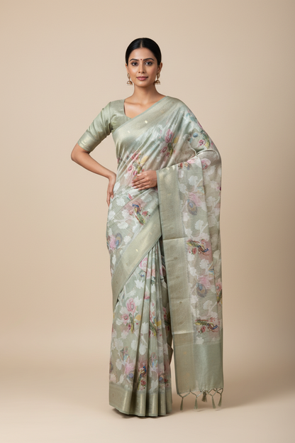 Digital Print Cotton Saree Army Green Colour with Floral and Birds Pattern