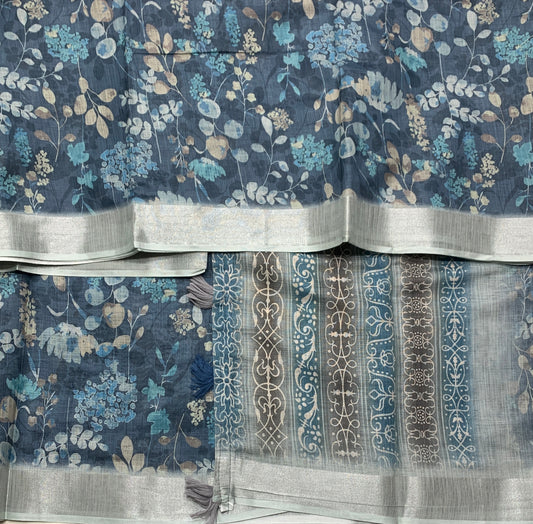 Jute Cotton Saree Blue with Thread Border