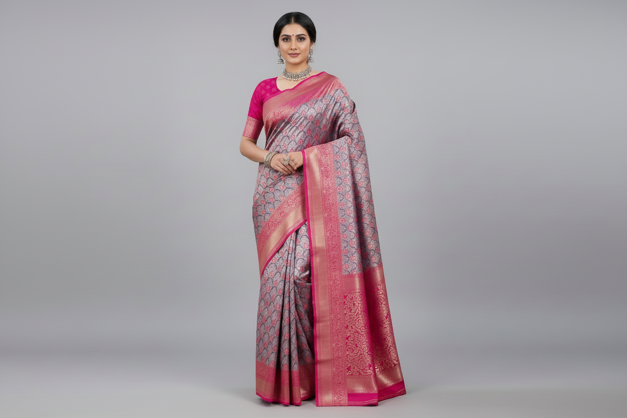 Fancy Tissue Saree Blue Colour with Pink Border
