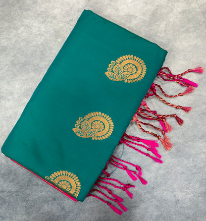 Soft Vegan Silk Saree Rama Green Colour with Pink and Copper Border