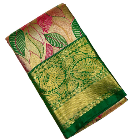 Pink & Green Leaf Soft Kanchi Tissue Pattu Saree with Green border