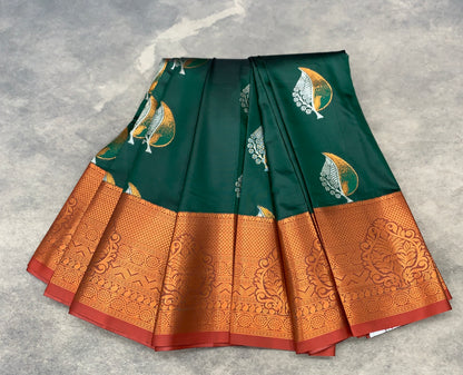 Soft Silk Casual Saree Green Colour with Maroon Colour Border
