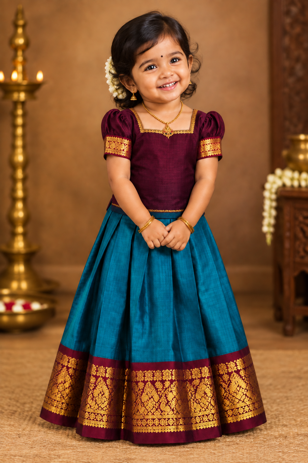 Sky Blue Shade Pure Kanchipuram Kids Pattu Pavadai with Contrast Border for Newborn to 2 Years