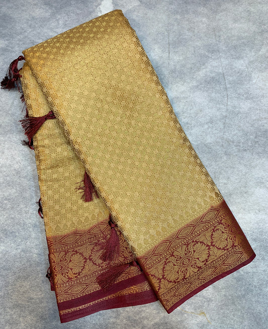 Crepe Saree Sandal Colour with Maroon Border