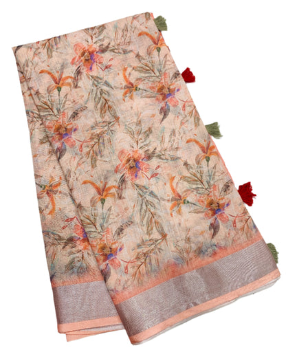 Jute Cotton Saree Peach Shade with Thread Border