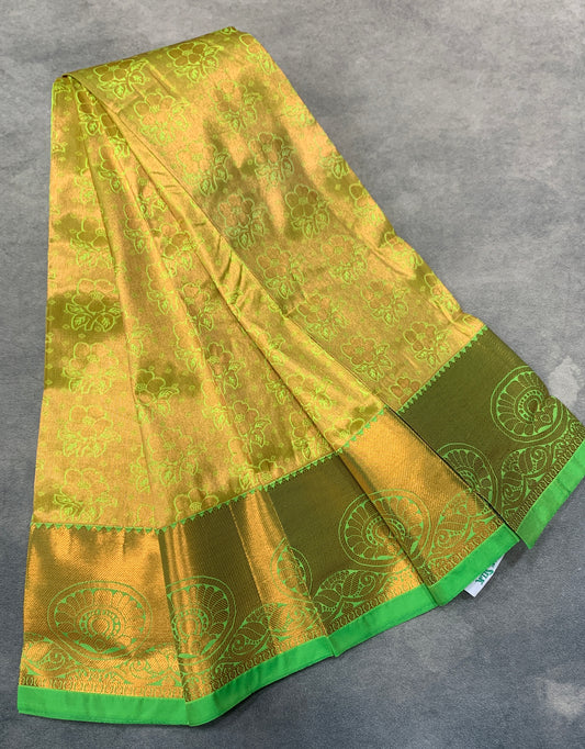 Vegan Silk Saree Apple Green Colour Saree with Copper Border
