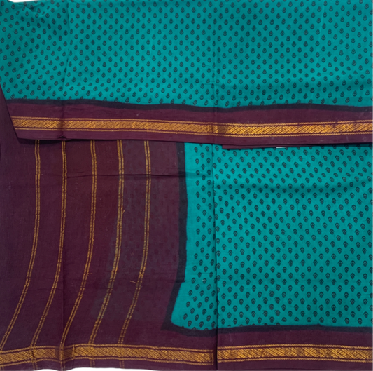 9 Yards Cotton Saree Rama Green Colour with Brown Border