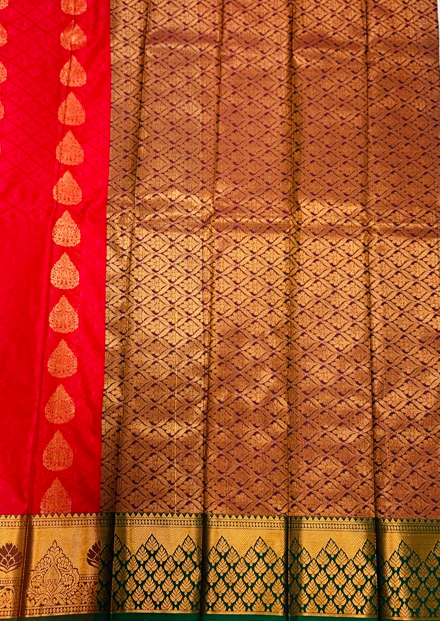 Vegan Silk Saree Maroon Colour with Copper and Green Border