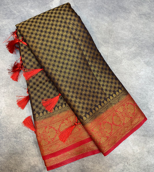 Crepe Saree Block Colour with Red Border