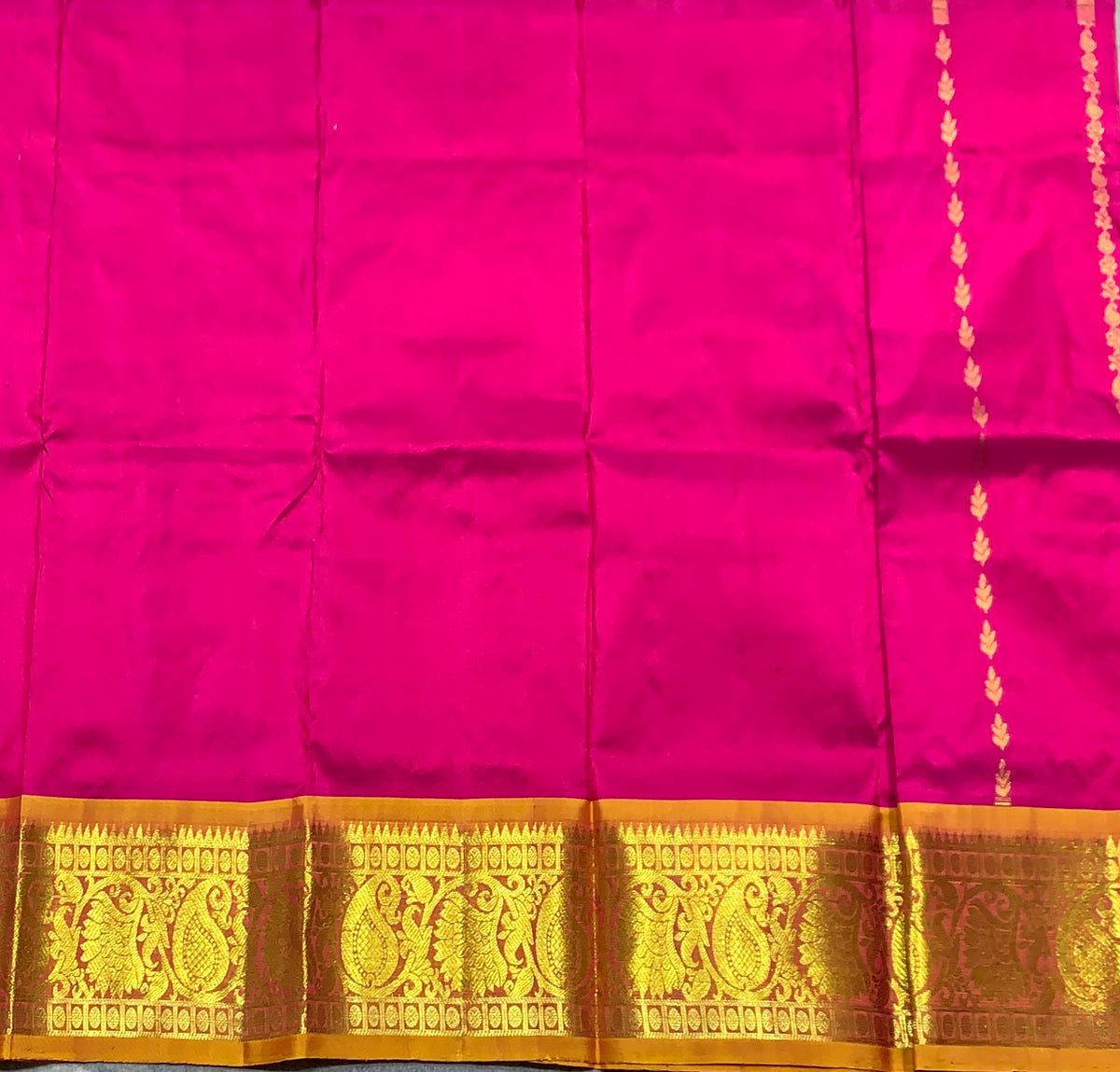 Rani Pink Shade Pure Kanchipuram Kids Pattu Pavadai with Contrast Border for Newborn to 2 Years