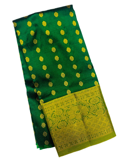 Green shade Pure kanchipuram Kids Pattu Pavadai with contrast border for newborn to 2 Years