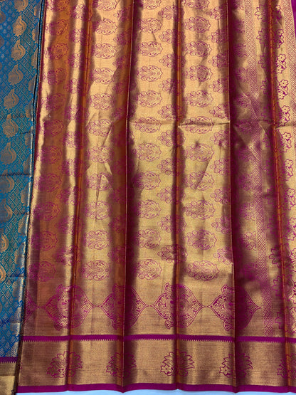 Vegan Silk Saree Rama Blue Colour with Copper and Magenta Border