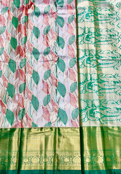 Green & Orange Leaf Soft Kanchi Tissue Pattu Saree with Green Border