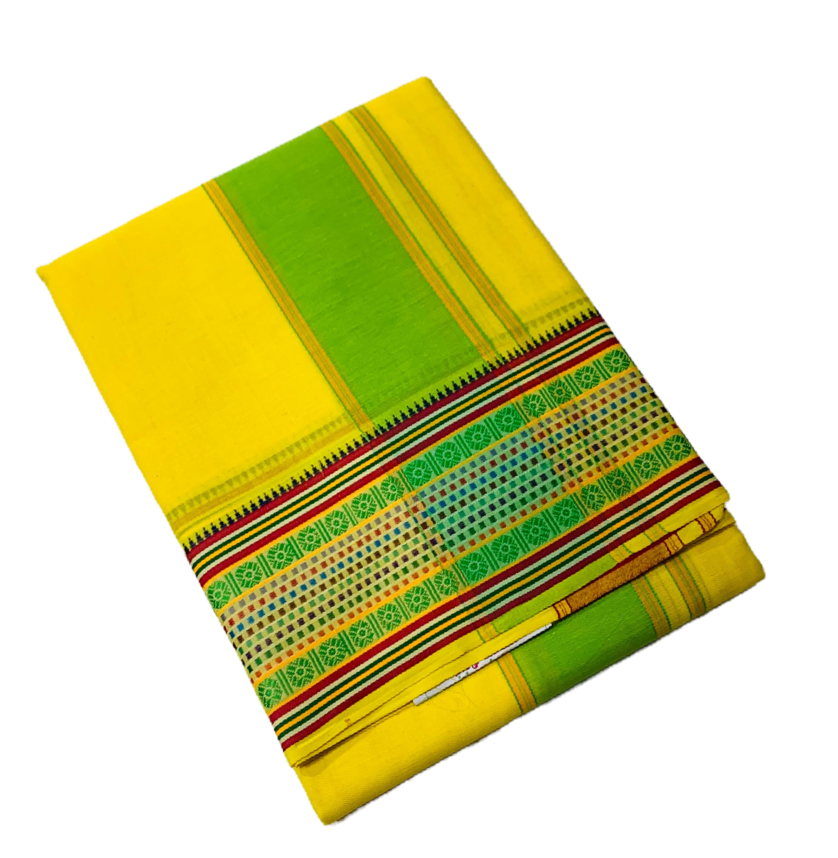 Yellow shade Cotton Dhoti with Center  Border is Light Green  shade.