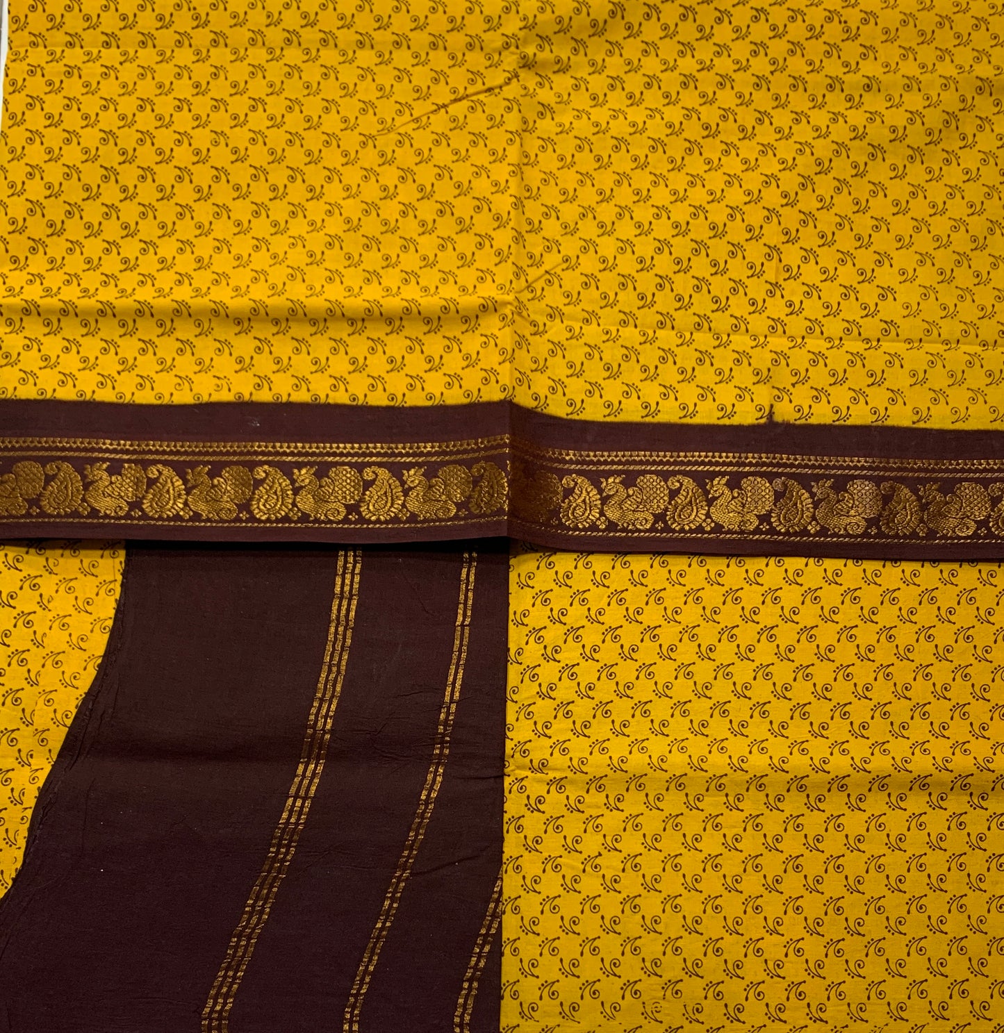 Chettinad Sungudi Cotton Mustard Colour Brown Border