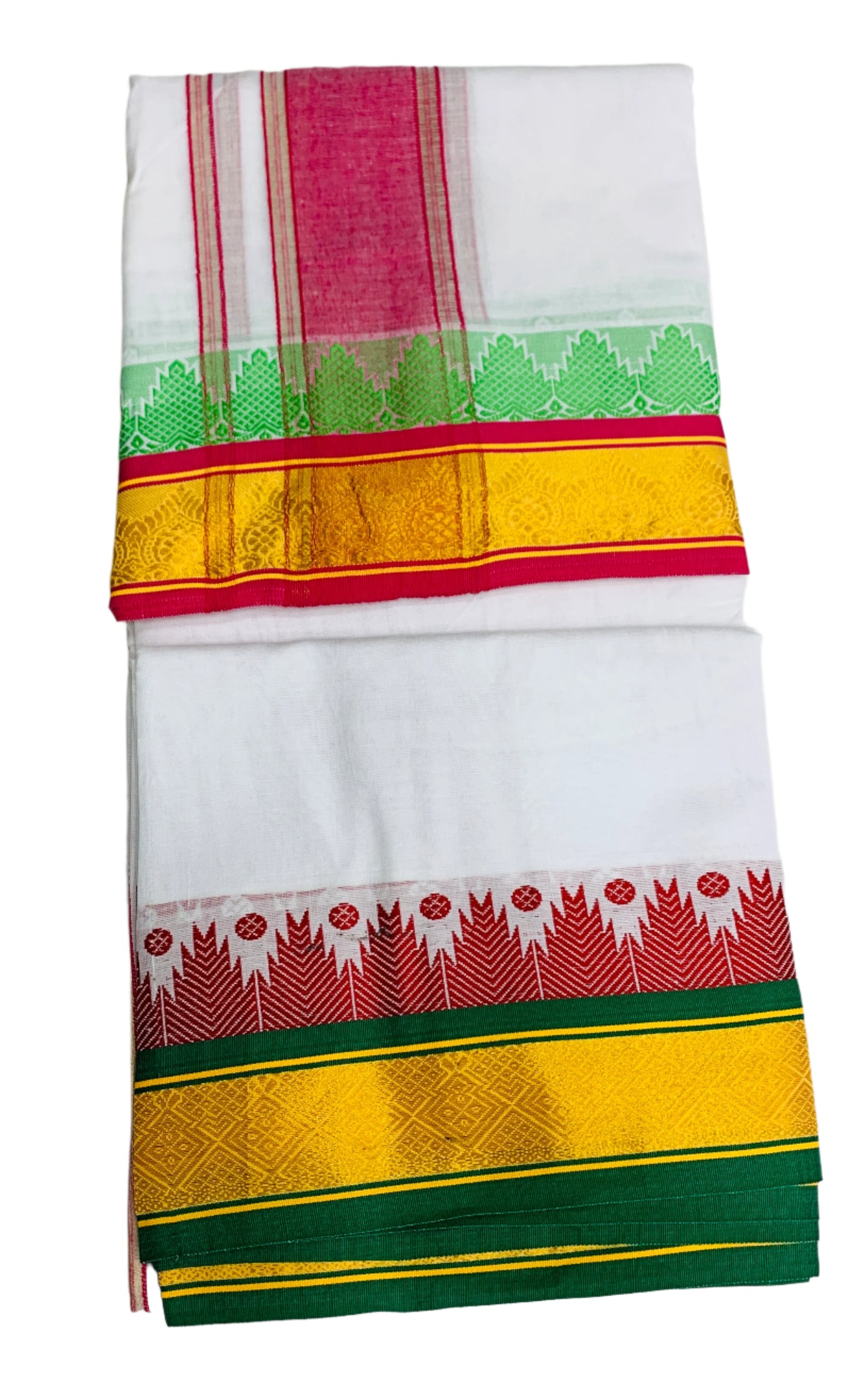 9X5 Cotton Dhoti White Colour with Pink and Yellow Border