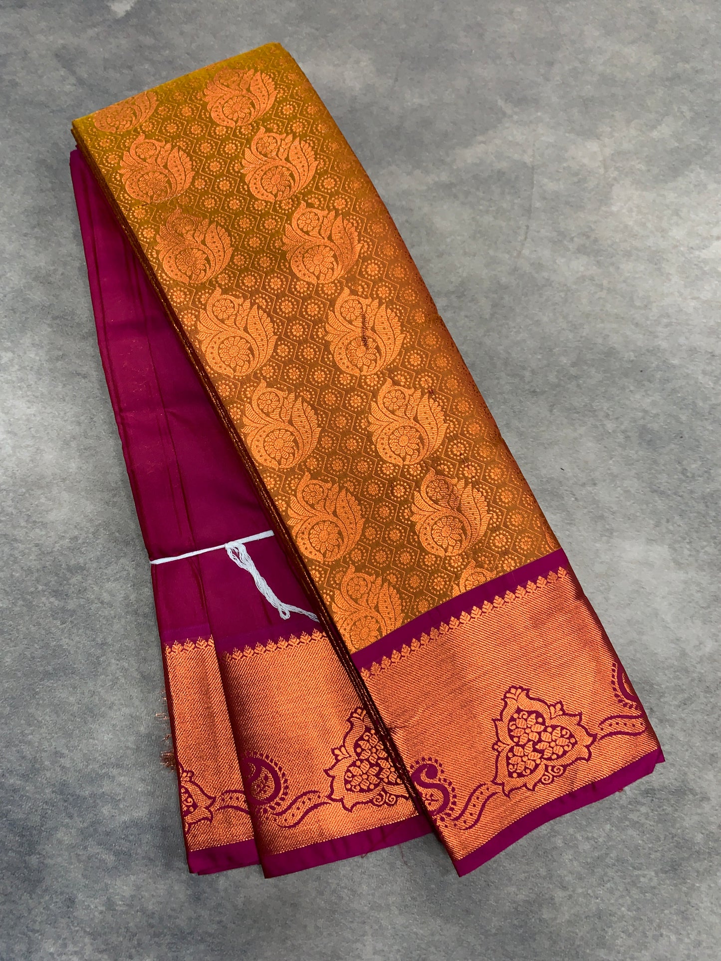 Vegan Silk Saree Golden Yellow Colour with Pink and Copper Border