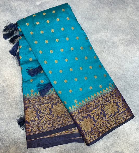 Crepe Saree Sky Blue Colour with Navy Blue Border