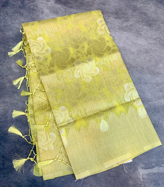 Banaras Katan Saree Yellow Colour with Katan Work Border