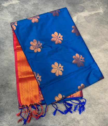 Soft Vegan Silk Saree Sky Blue Colour with Purple and Copper Border