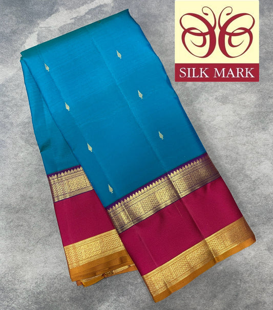 Pure Kanchipuram Silk Saree Sky Blue Colour with Rettai Pettu Border