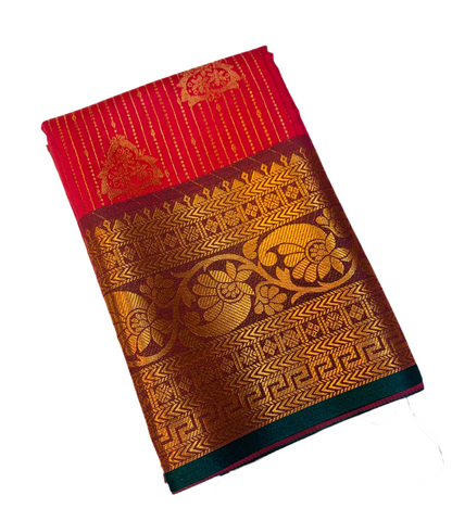 Vegan Lakshadeepam Silk Saree Tomato Red Colour with Copper Zari Border