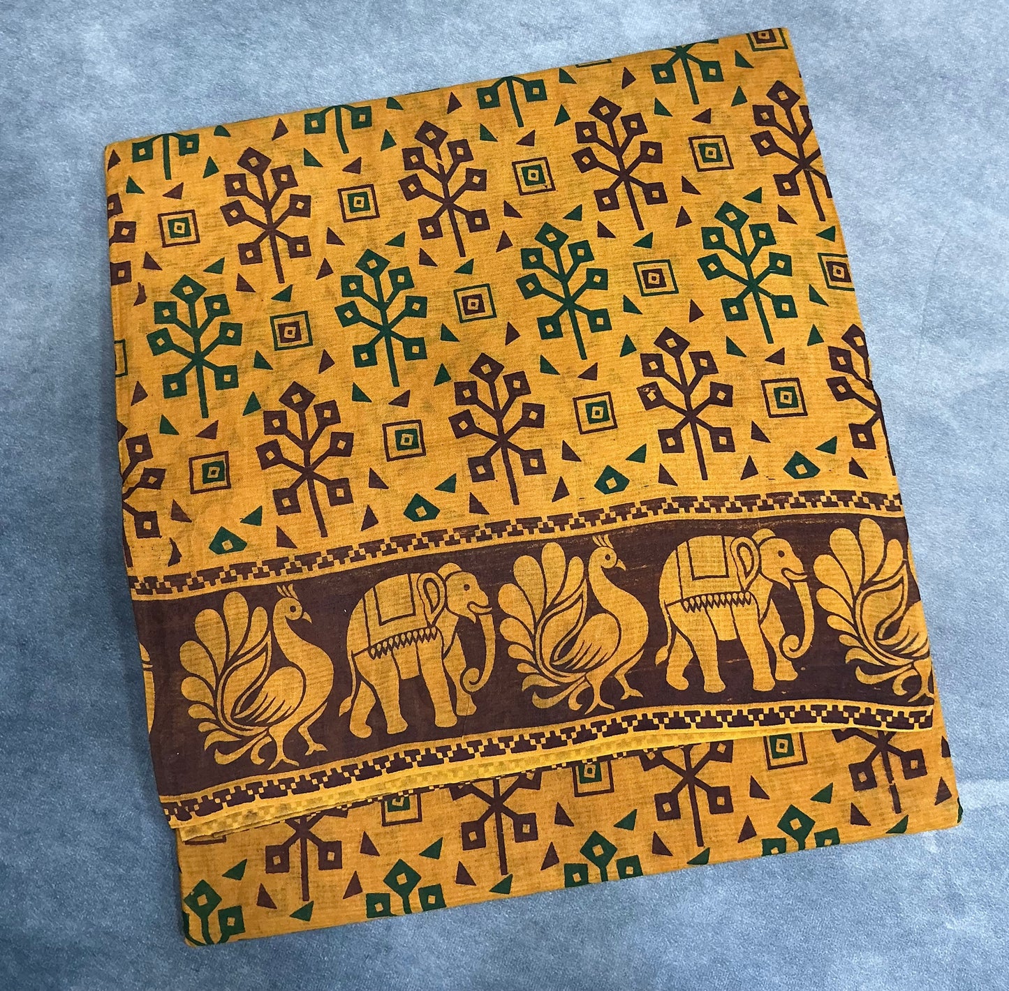 Chettinad Sungudi Cotton Mustard Colour with Brown Colour Border