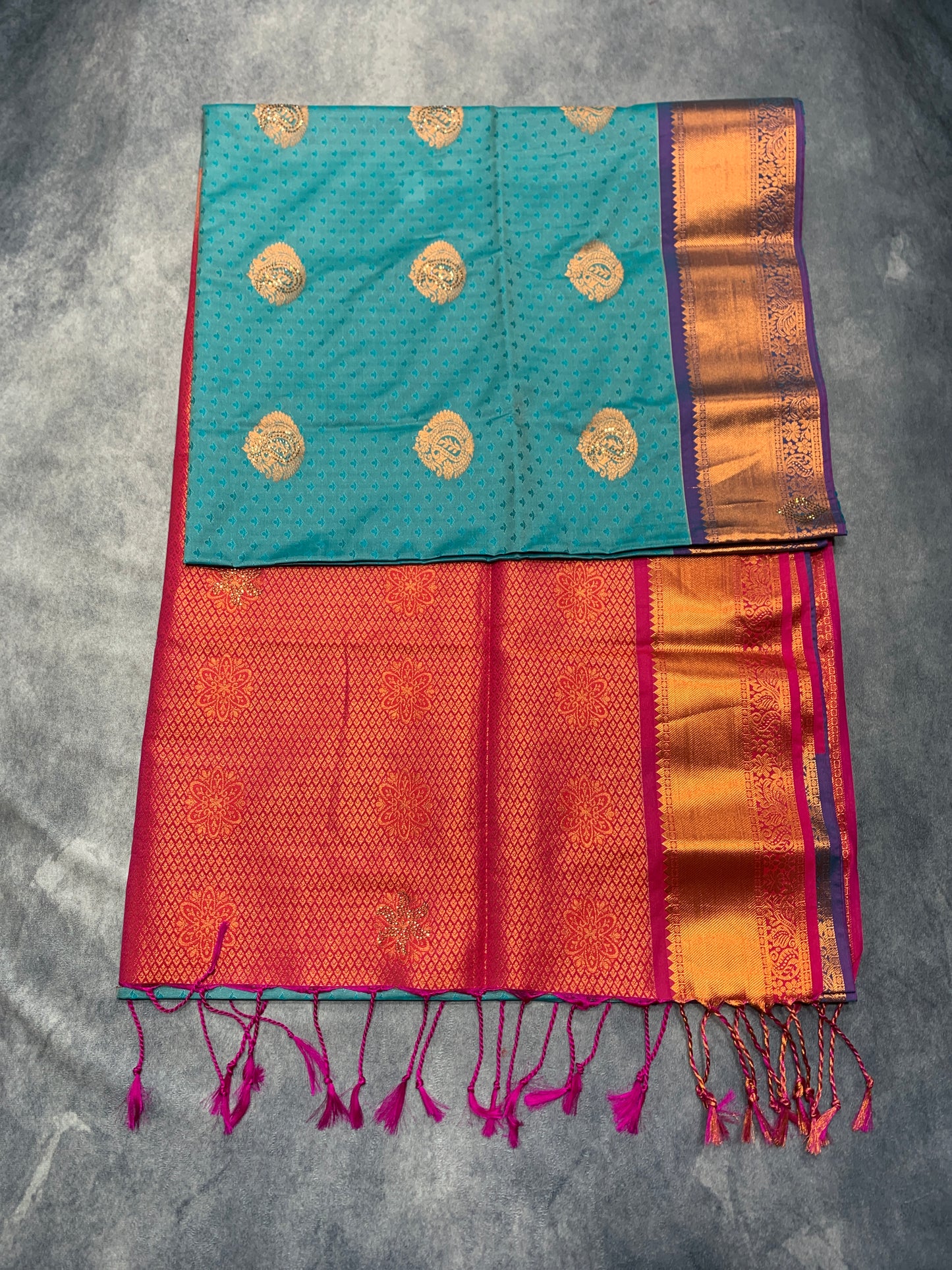 Soft Vegan Silk Saree Sapphire Colour with Pink and Copper Border