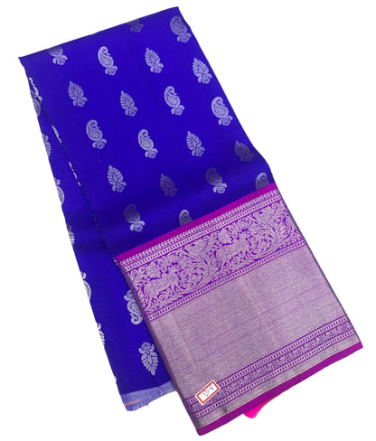 Blue shade Pure Kanchipuram Kids Pattu Pavadai with contrast border for age 5 to 10