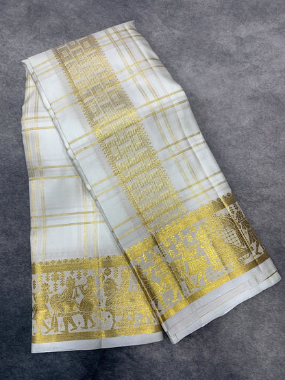 9X5 Pure Silk Dhoti White Colour with Golden Colour Fancy Jaquard Border
