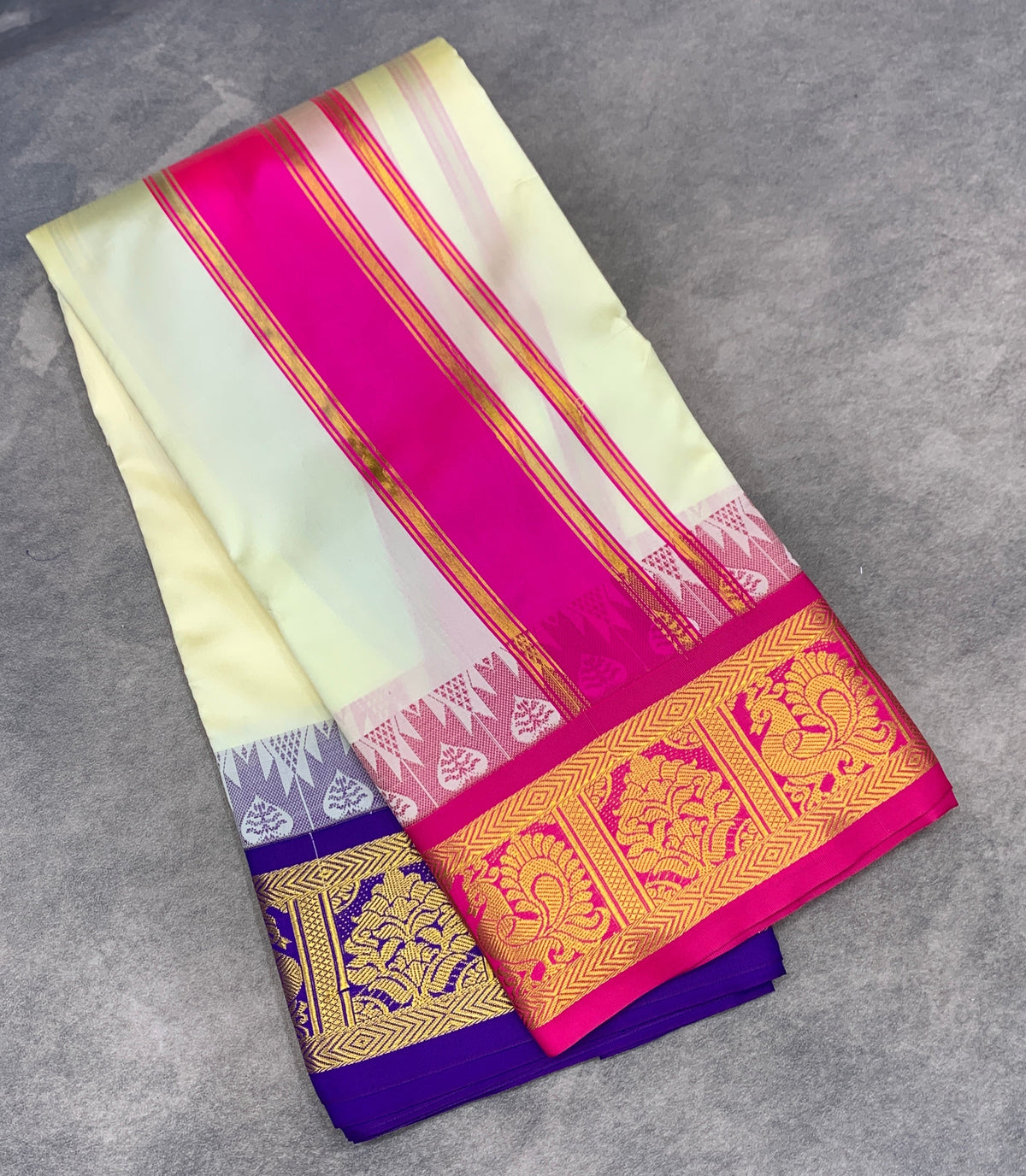 Art Silk Dhothi 9X5 Ivory Colour with Pink and Blue Colour Ganga Jamuna Border