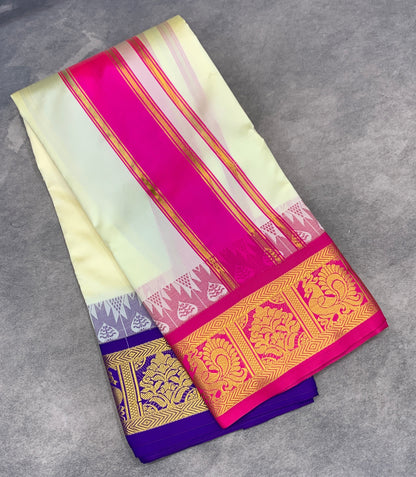 Art Silk Dhothi 9X5 Ivory Colour with Pink and Blue Colour Ganga Jamuna Border
