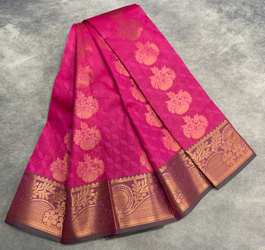 Vegan Silk Saree Pink Colour Saree with Copper and Floral Design