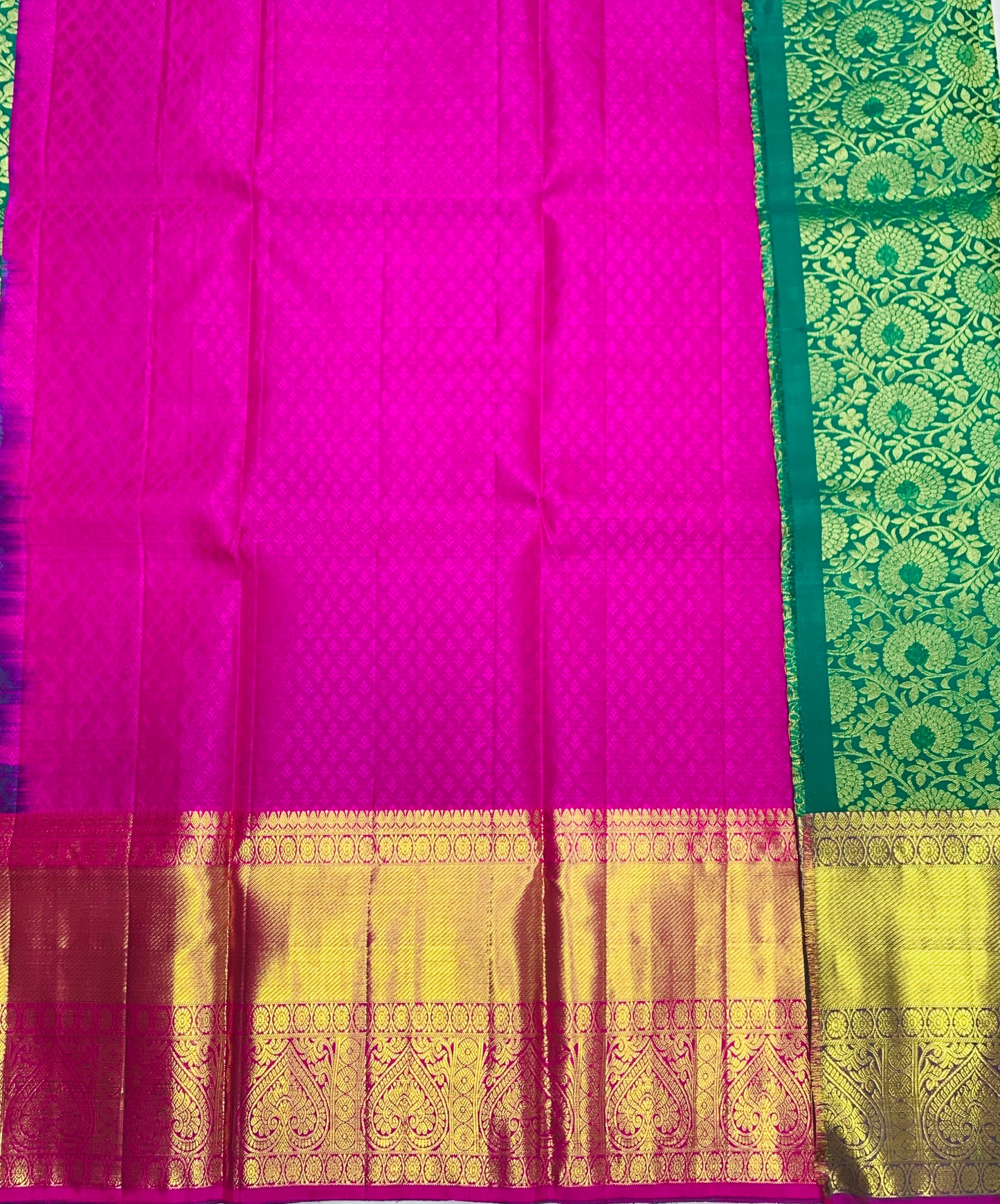 Green shade Pure Kanchipuram Kids Pattu Pavadai with contrast border for age 5 to 10